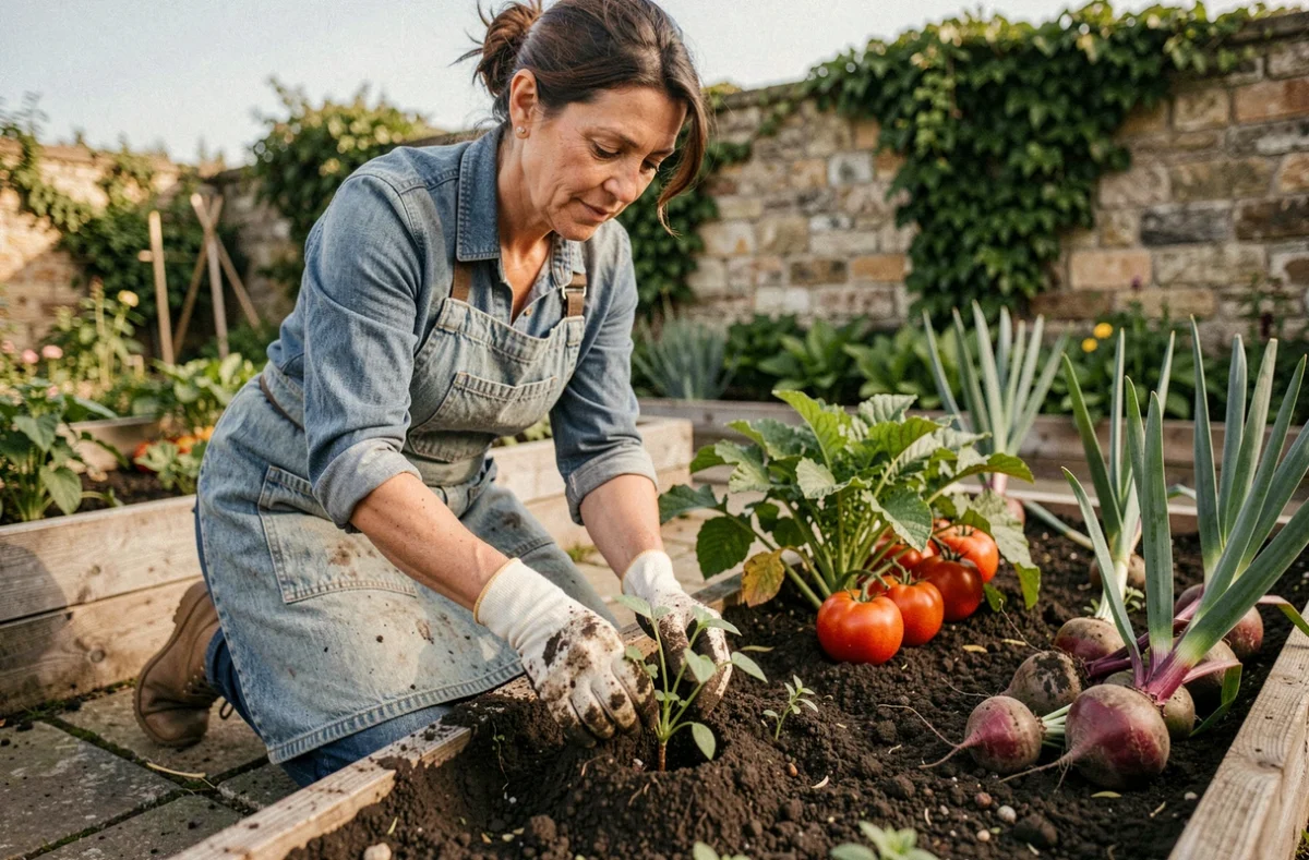 Femme jardinière qui repique des plants au potager en septembre selon le calendrier lunaire