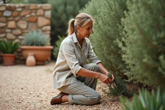 Femme méditerranéenne taillant un buisson de romarin mature