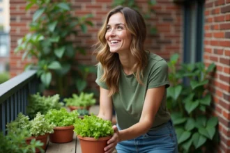 Femme souriante récoltant de la laitue sur un balcon urbain