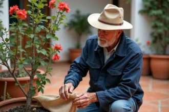 Jardinier âgé enveloppant une bougainvillée en cour intérieure