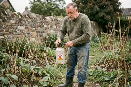 Jardinier tenant un ancien débroussaillant interdit dans un jardin envahi par les mauvaises herbes