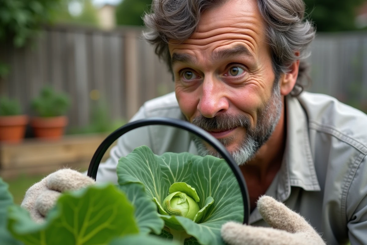 Jardinier débutant inspectant une feuille de chou avec une loupe pour détecter une chenille verte