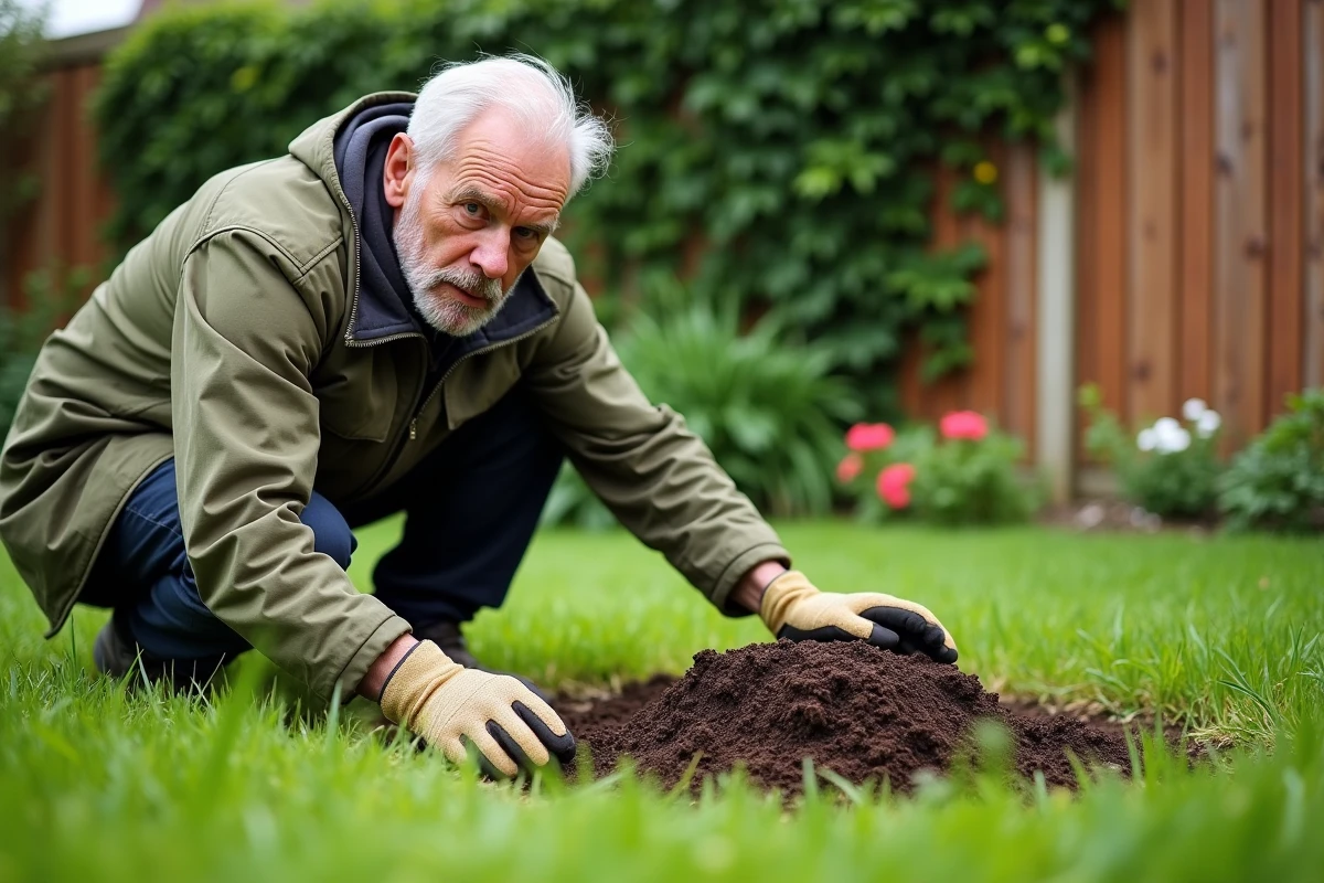 Jardinier examinant une taupinière fraîche dans un jardin soigné pour identifier la présence de taupes