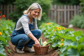 Femme en salopette inspectant ses courgettes dans le jardin