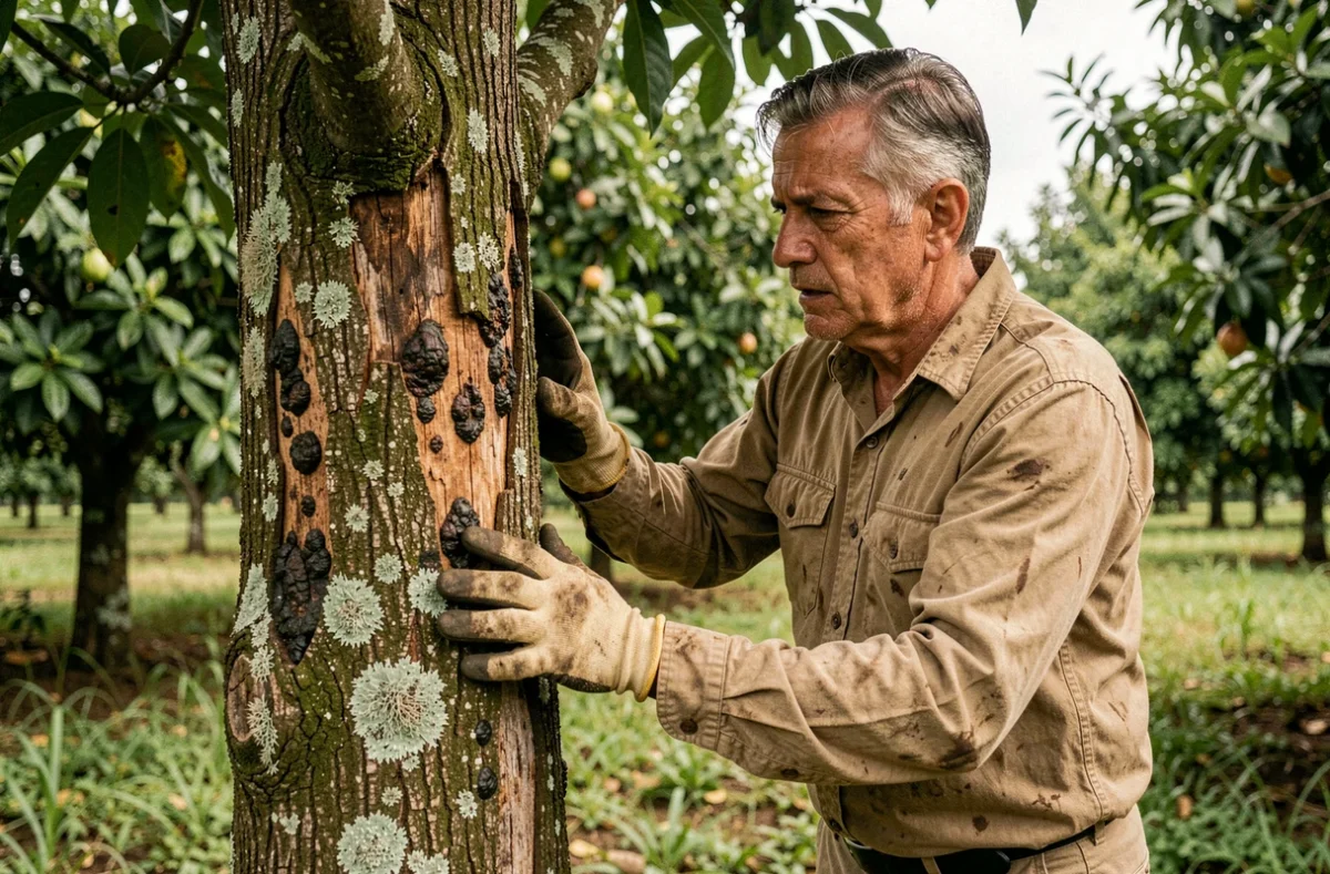 Jardinier inspectant le tronc d'un goyavier malade présentant des lésions et des chancres dans un verger tropical