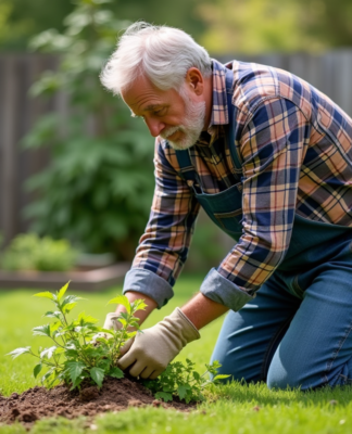 Homme en jeans et gants de jardinage arrachant des orties