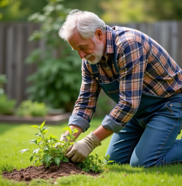 Homme en jeans et gants de jardinage arrachant des orties