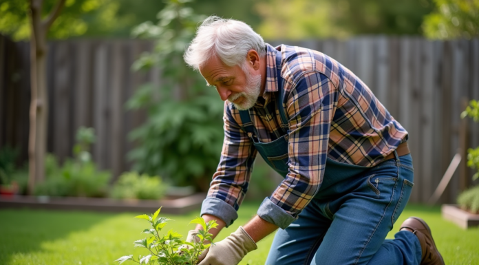 Homme en jeans et gants de jardinage arrachant des orties