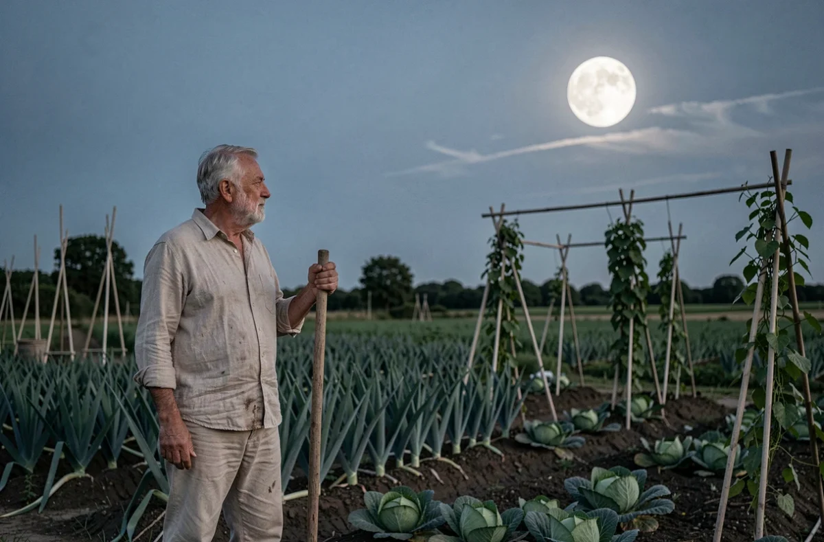 Jardinier observant la pleine lune de septembre se levant au-dessus des rangs du potager au crépuscule