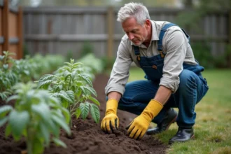 Homme en salopette près de jeunes plants de tomates au jardin