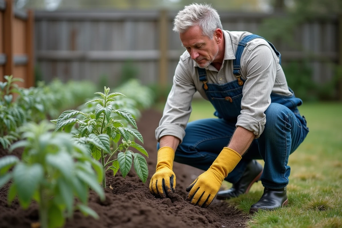 Homme en salopette près de jeunes plants de tomates au jardin