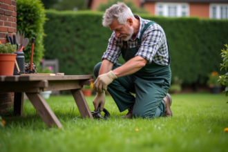 Homme jardinier ajustant une scarificateuse dans un jardin bien entretenu