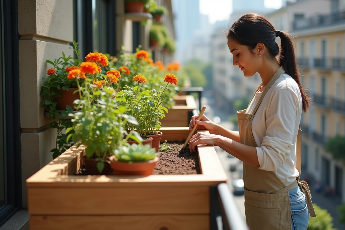 Femme assemblant une jardinière en bois léger sur un balcon urbain avec substrat de coco et plantes retombantes