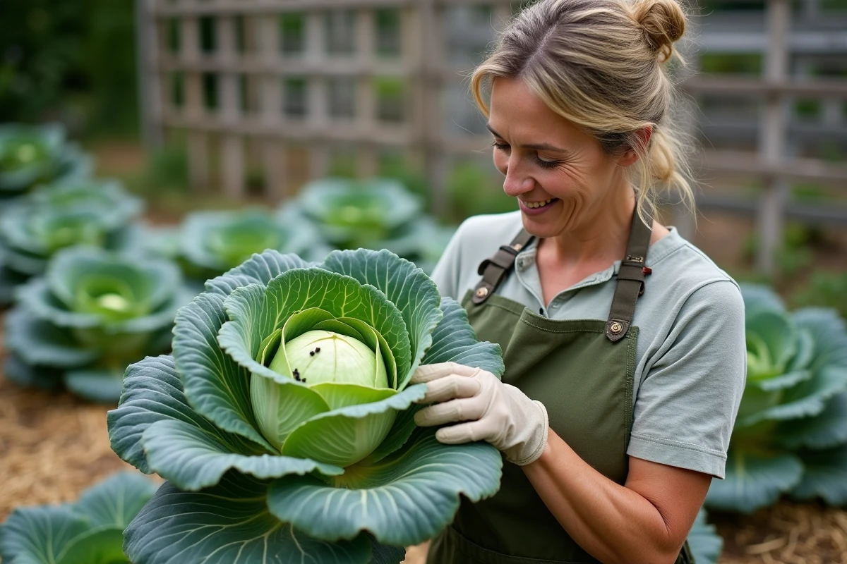 Jardinière inspectant des chenilles vertes sous une feuille de chou dans un potager bio