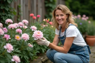 Jardinière expérimentée agenouillée devant un massif de pivoines et de dahlias en pleine floraison dans un jardin mature