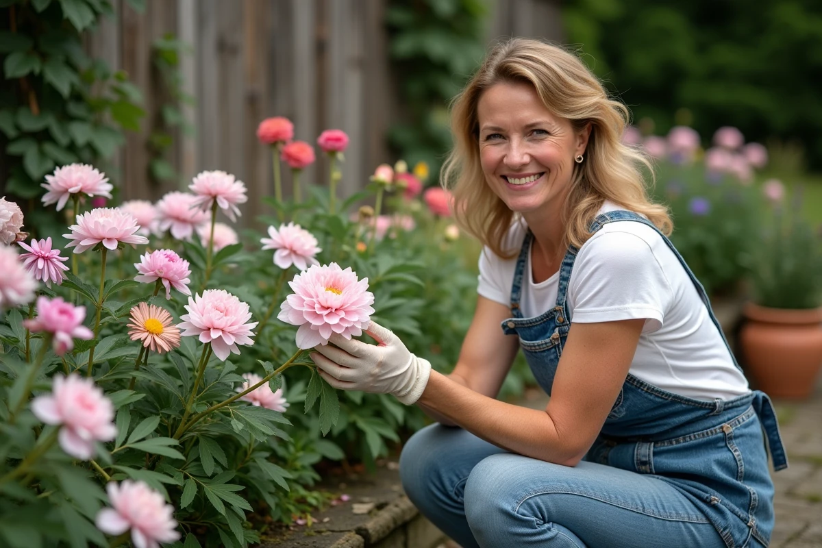 Jardinière expérimentée agenouillée devant un massif de pivoines et de dahlias en pleine floraison dans un jardin mature