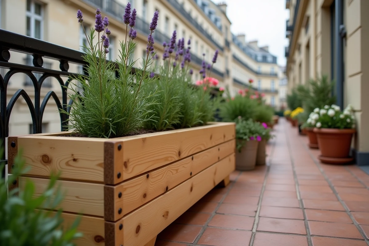 Jardinière en bois léger fixée sur balcon haussmannien avec plantes aromatiques et tomates cerises