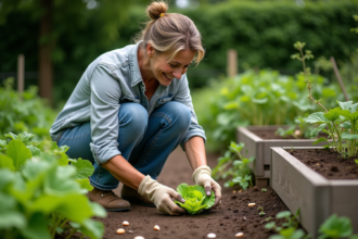 Femme jardinant avec des coquilles d'œufs autour d'une laitue