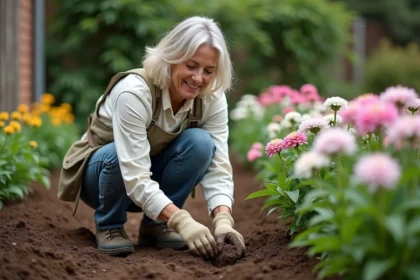 Femme jardiniere plantant lisianthus dans son jardin