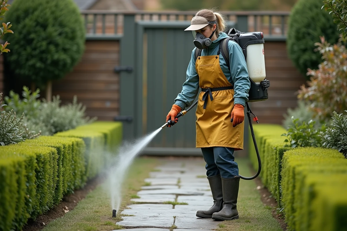 Jardinière professionnelle équipée d'un masque respiratoire et d'un tablier de protection utilisant un pulvérisateur dorsal pour appliquer un désherbant sur une allée