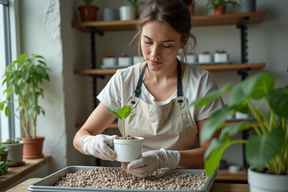 Femme jardinière remplissant un pot filet hydroponique avec des billes d'argile lors d'une culture intérieure maison