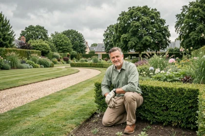 Jardinier professionnel entretenant un jardin soigné dans le Nord de la France