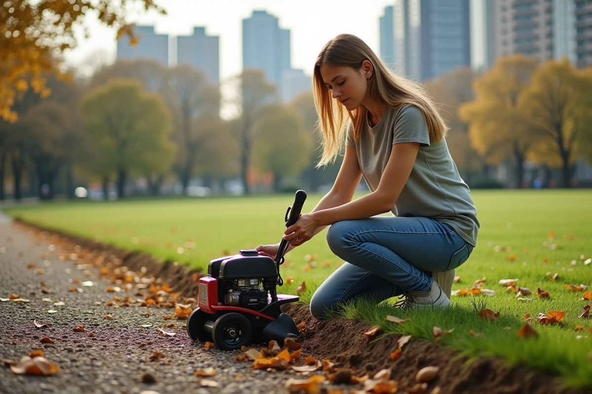 Jeune femme inspectant une scarificateuse dans un parc en automne