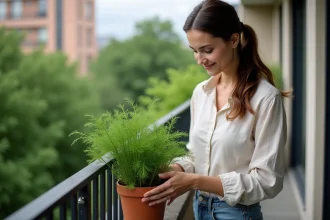 Femme récoltant de l'aneth sur son balcon urbain