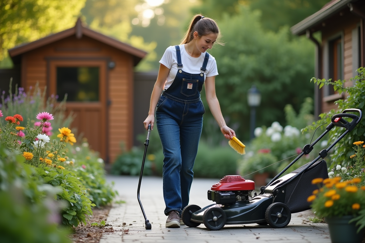 Jeune femme nettoie la tondeuse dans le jardin