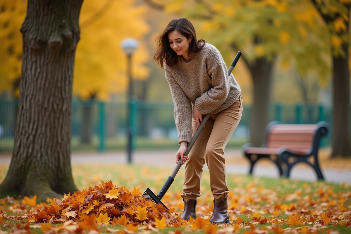 Jeune femme ratisant des feuilles dans un parc en automne