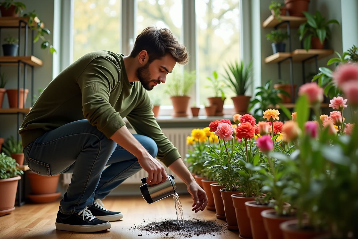 Jeune homme arrosant des plantes en intérieur