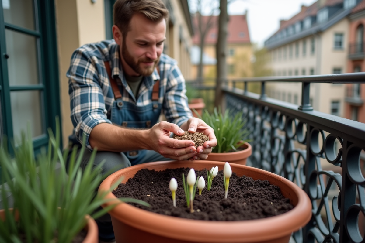 Jeune homme tenant des bulbes de crocus sur un balcon urbain