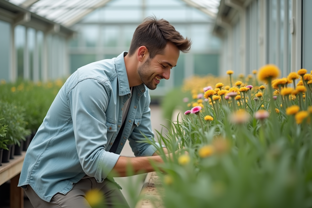 Jeune homme examine œillet et dianthus dans serre botanique