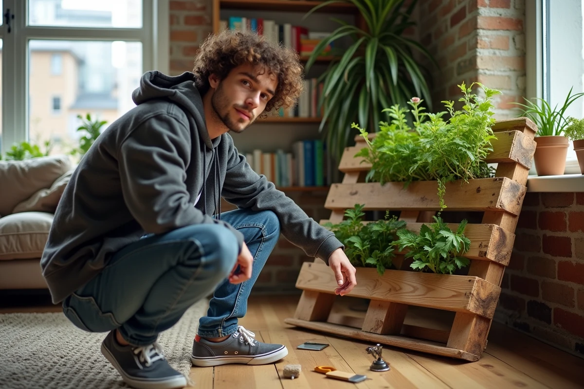 Jeune homme dans un salon créant un jardin vertical avec des palettes en intérieur