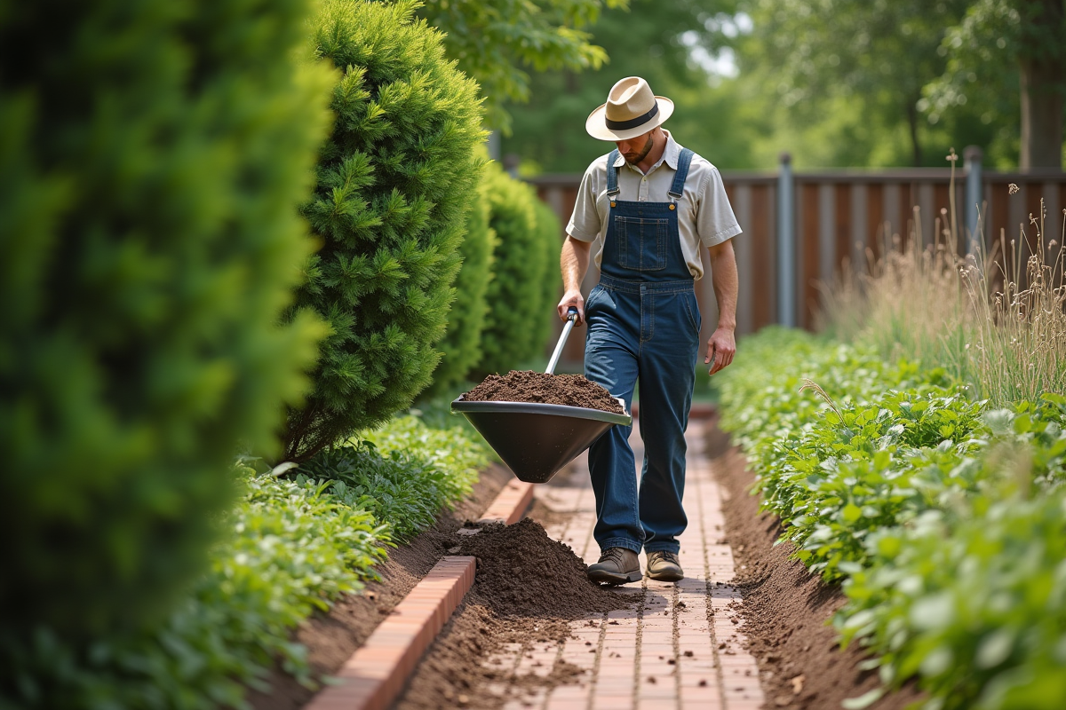 Jeune homme étalant du paillis dans le jardin