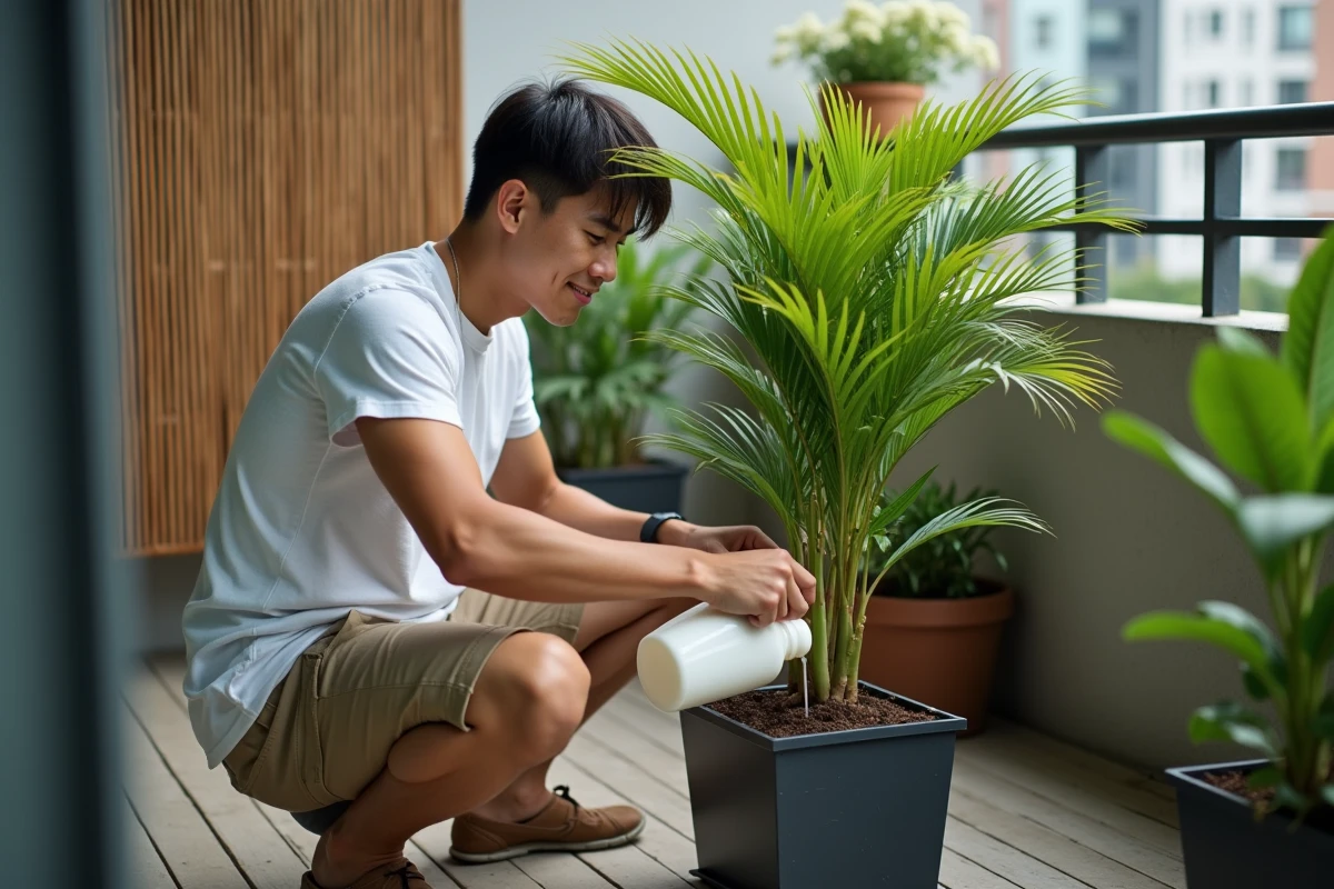 Jeune homme en t-shirt et khakis arrosant un palmier en balcon