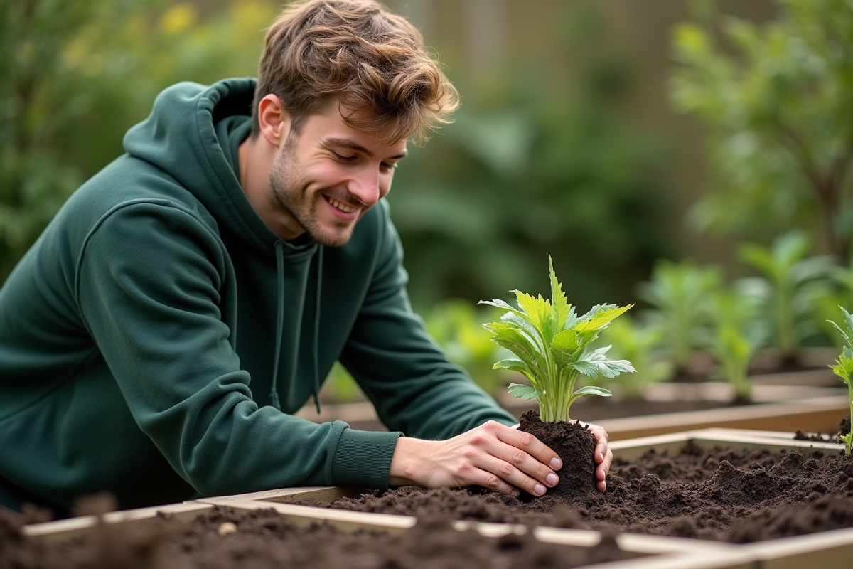 Jeune homme plantant une tige feuillue dans un jardin
