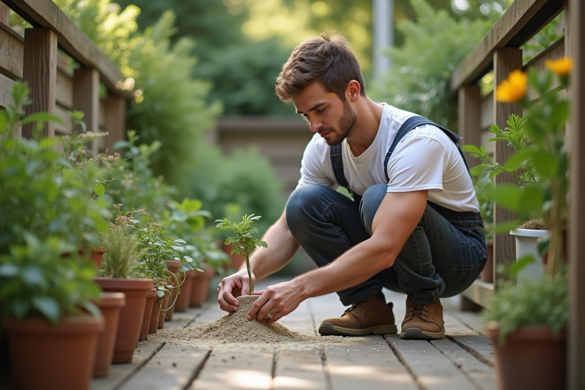 Jeune homme repiquant une plante dans le jardin extérieur