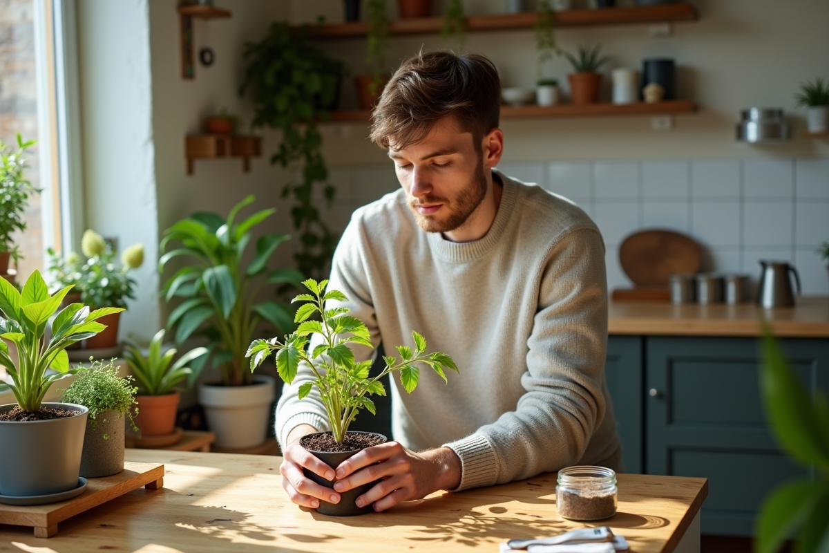 Jeune homme choisissant une branche pour propagation en intérieur