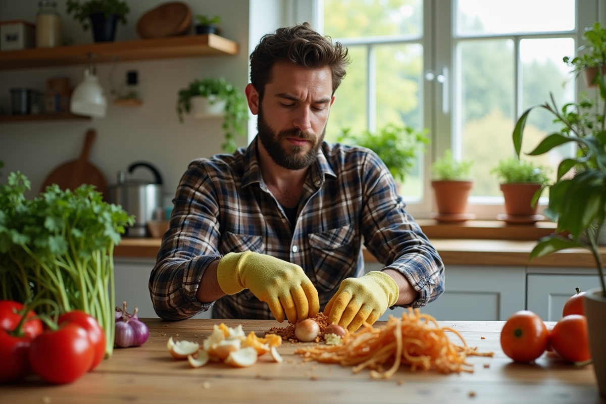 Jeune homme triant des déchets de cuisine dans la maison