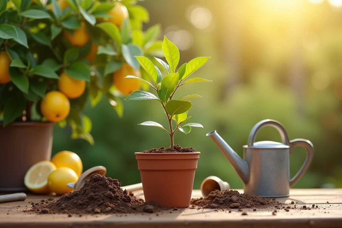 Jeune plant de citron dans un pot avec outils de jardinage