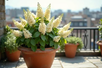 Lilas du Japon en fleurs dans un grand pot en terre cuite sur un balcon urbain avec vue sur les toits de la ville