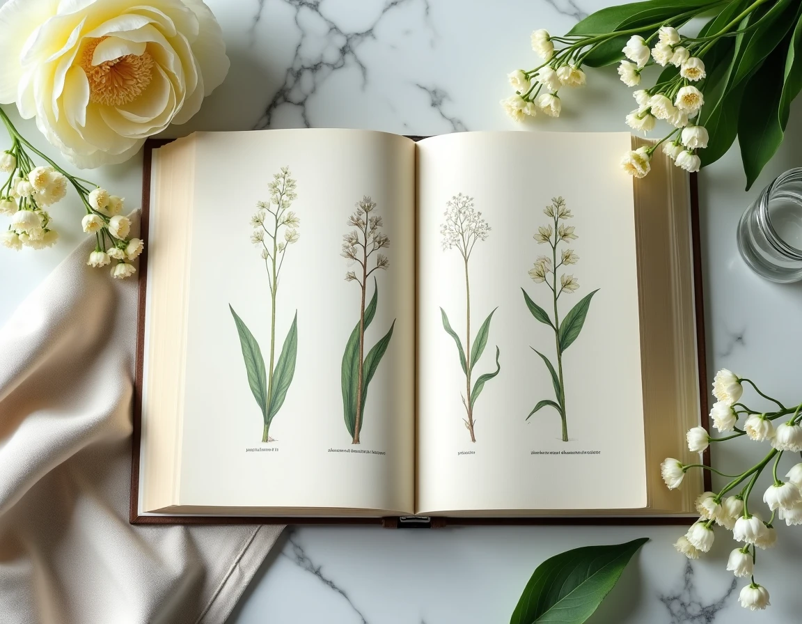 Livre de botanique illustré ouvert entouré de fleurs fraîches coupées sur un plan de travail en marbre