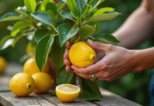 Mains de jardinier cueillant un citronnier en plein air