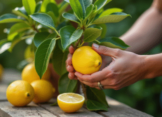 Mains de jardinier cueillant un citronnier en plein air