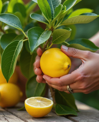 Mains de jardinier cueillant un citronnier en plein air