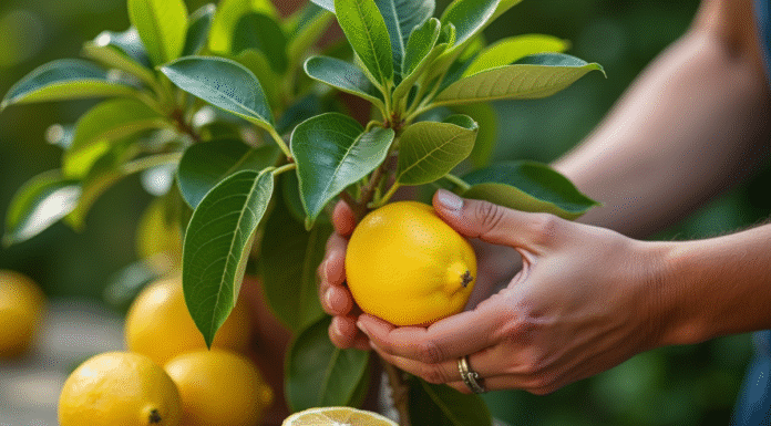 Mains de jardinier cueillant un citronnier en plein air