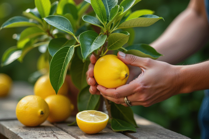 main-arbre-citron-quatre-saisons Mains de jardinier cueillant un citronnier en plein air