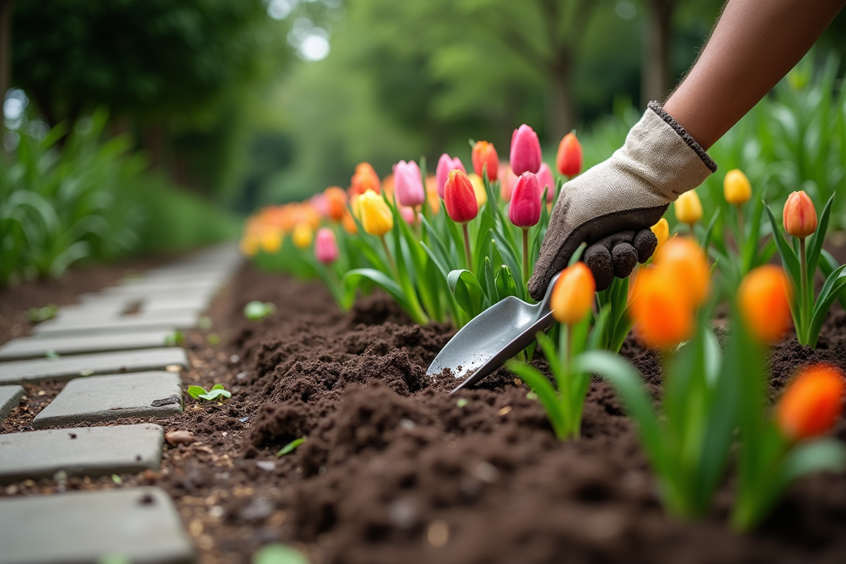 Main avec truelle creusant dans un massif fleuri
