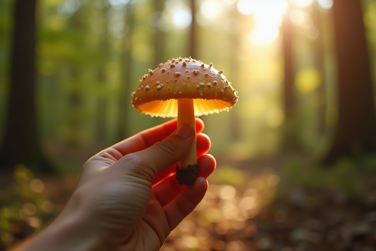 Main tenant une fausse chanterelle dans la forêt ensoleillée